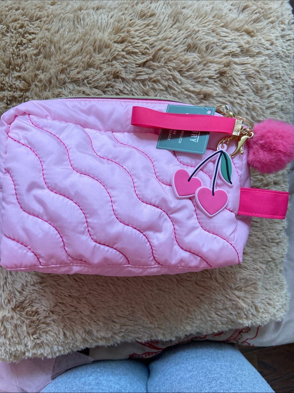 🆕 Pink Quilted Cherry Charm Cosmetic Pouch